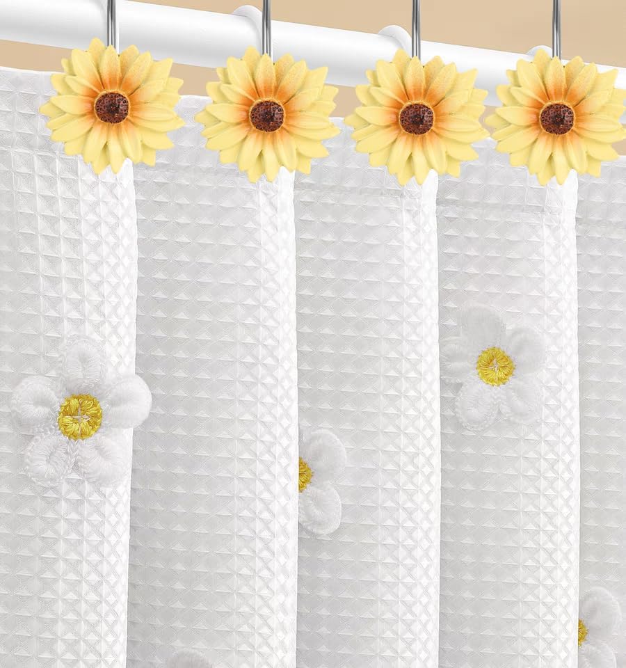 Daisy Flower Shower Curtain Hooks, 12PCS Stainless Steel Anti Rust Sunflower Shower Curtain Hooks Floral Decorative Curtain Hanger Hooks for Living Room Bathroom Decor (Yellow)