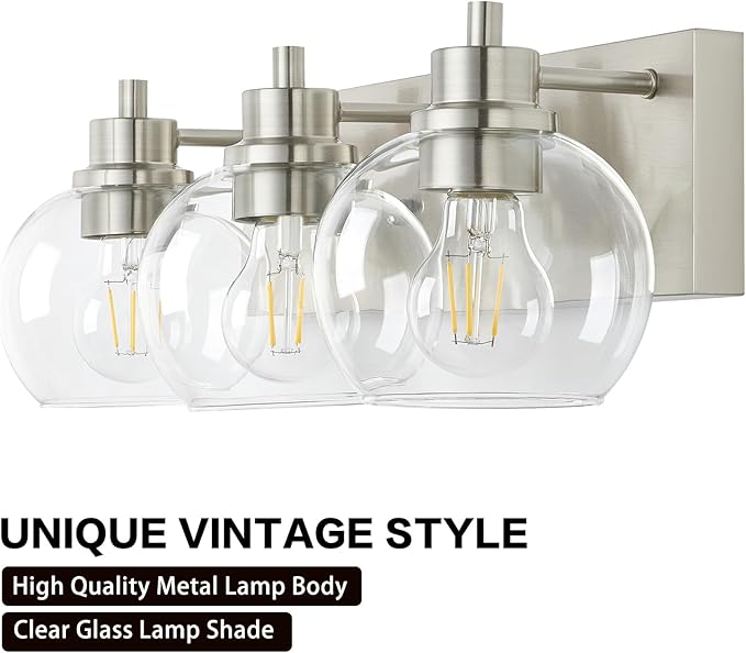 Tuscarora Bathroom Light Fixtures, Brushed Nickel Vanity Light 3 Light Bathroom Vanity Light with Clear Glass Shade,Lighting Fixtures for Mirror