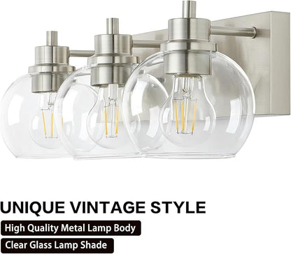 Tuscarora Bathroom Light Fixtures, Brushed Nickel Vanity Light 3 Light Bathroom Vanity Light with Clear Glass Shade,Lighting Fixtures for Mirror