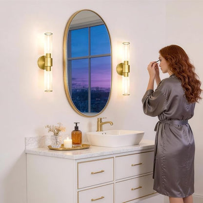 Brushed Gold Wall Sconces Set of 2 (Hardwired Only), Bathroom Vanity Light Fixtures, Modern Cylinder Glass Wall Lights for Mirror 28-40 in Height, NOT Battery Operated, E26 Base (Bulbs Not Included)