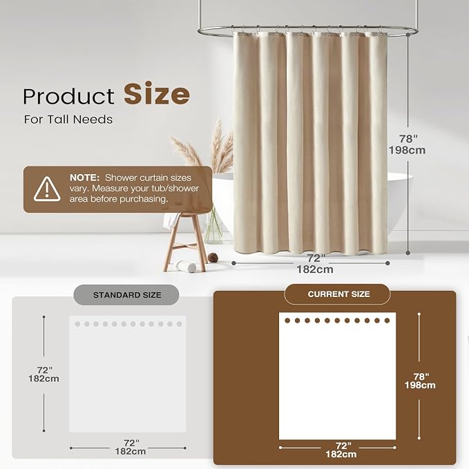 BTTN 3 in 1 Shower Curtain Set - 78 Inch Long Linen Textured Polyester Shower Curtain and Clear Liner Set with Plastic Hook, Long Modern Waterproof Shower Curtain for Bathroom, Cream/Beige, 72x78