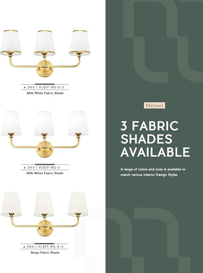 3-Light Bathroom Light Fixtures, Brushed Gold Vanity Lights Over Mirror with White Fabric Shade, Modern Sconces Wall Lighting for Hallway Bedroom, VL837-BG-X-3
