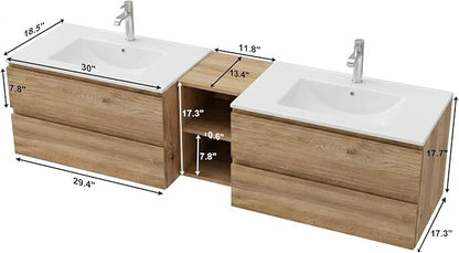 72"Modern Floating Double Sink Bathroom Vanity, Wall Mounted Bathroom Cabinet with U-Shaped Drawers, Beveled Invisible Handles Open Side Shelf, FSC Certified Wood Veneer (Wood color, 72 lnch)