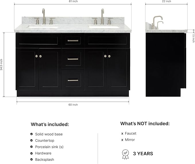 ARIEL Hamlet 60-inch Bathroom Vanity with Sink,Solid Wood, 1.5-inch Italian Carrara Marble Countertop, Double Rectangular Porcelain Sink, 4 Soft Closing Doors, 3 Dovetail Drawers, Black