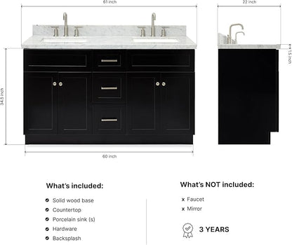 ARIEL Hamlet 60-inch Bathroom Vanity with Sink,Solid Wood, 1.5-inch Italian Carrara Marble Countertop, Double Rectangular Porcelain Sink, 4 Soft Closing Doors, 3 Dovetail Drawers, Black