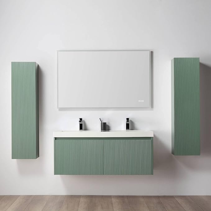 Blossom 48 Inch Double Sink Bathroom Vanity with Side Cabinets, All Wood Wall Mounted Floating Bathroom Vanity with Acrylic Sink, Soft-Close Drawers, Bathroom Vanities, Aventurine Green
