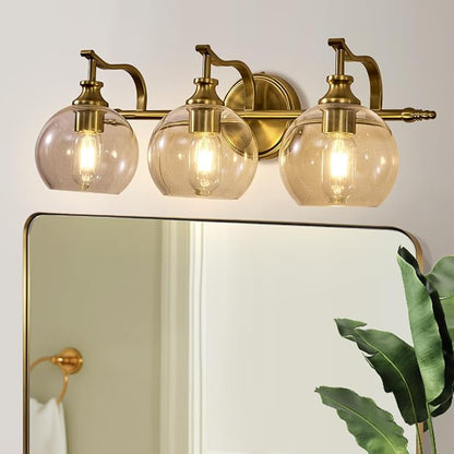 Bruhsed Gold Bathroom Light Fixtures, Gold 3 Light Bathroom Vanity Lights, 3 Lights Wall Light with Globe Clear Lampshade, Vintage Brass Sconce with Metal Lamp Body for Bedroom, Living Room