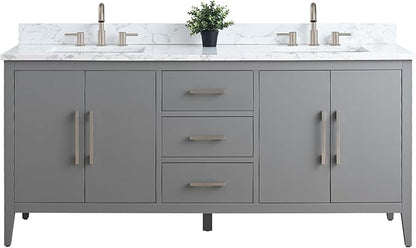 Vanity Art 72 inch Bathroom Vanity with Double Sink & Ceramic Top, Vanity Cabinet with Soft-Closing Doors, Drawers, Solid Wood Frame, Cashmere Gray, Brushed Nickle Handware