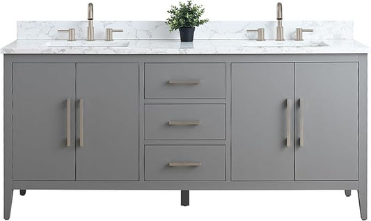 Vanity Art 72 inch Bathroom Vanity with Double Sink & Ceramic Top, Vanity Cabinet with Soft-Closing Doors, Drawers, Solid Wood Frame, Cashmere Gray, Brushed Nickle Handware