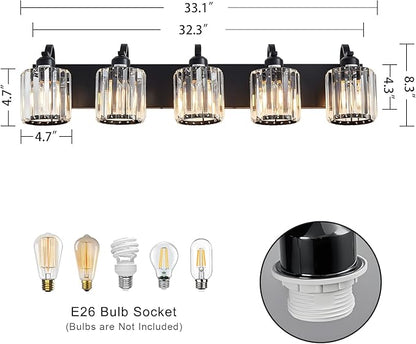 Crystal Vanity Light Black Bathroom Vanity Lighting Fixtures 5 Lights Modern Vanity Light for Bathroom with Crystal Round Shade (Exclude Bulb)
