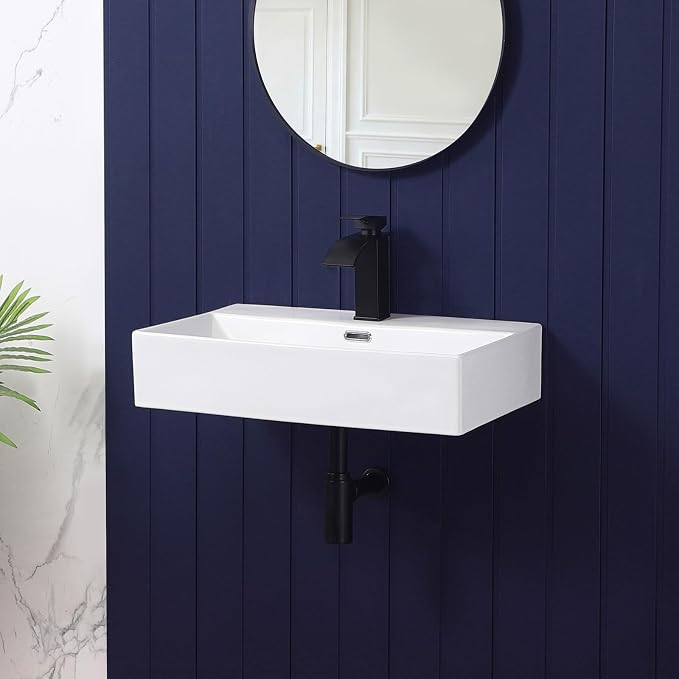 Wall Mount Bathroom Sink 24"x14" Small Vessel Sink Wall Mounted Rectangular Wall Hung Mini White Porcelain Ceramic Floating Tiny Sink with Overflow, Durable, Space-Saving, Ideal for Home,RV