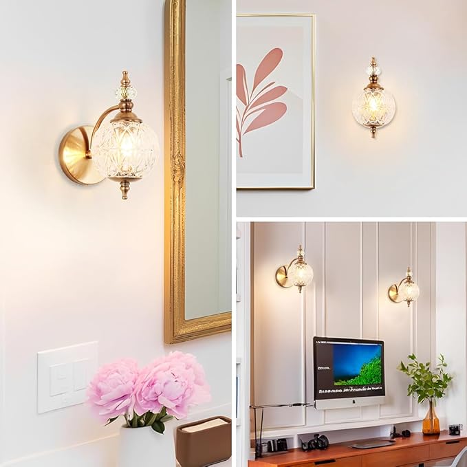 Brushed Gold Bathroom Wall Sconce Vintage Style - G9 Bulb Compatible, Small Hardwired Bathroom Vanity Lighting with Hand-Etched Glass Shades, Easy Mounted for Bedroom Living Room Hallway