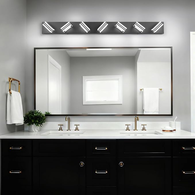SOLFART LED Modern Vanity Lights Fixtures: 7 Lights Acrylic Matte Black Modern Bathroom Wall Light Over Mirror 46inch