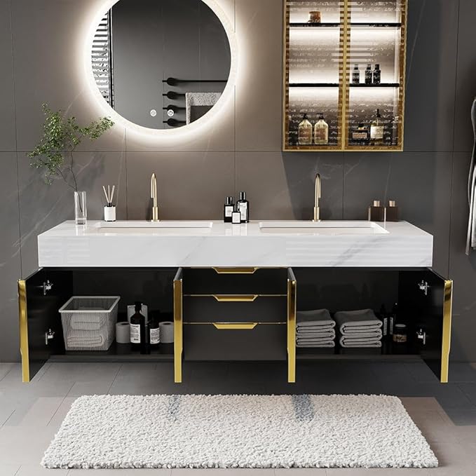 KunMai 59" Black Floating Bathroom Vanity with Faux Marble Top, Double Ceramic Vessel Sinks, Wall-Mounted Design, 3 Drawers for Storage, Modern Bathroom Cabinet with Gold Hardware Finish
