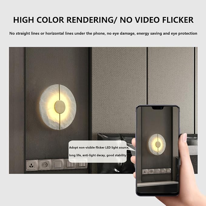 Modern Round Alabaster Natural Marble Wall Light,3000K Warm Light 7W Energy Saving Wall Sconce,Metal Base Wall Mounted Lamp, for Living Room Bedroom Bedside Stairs Hallway (Gold)