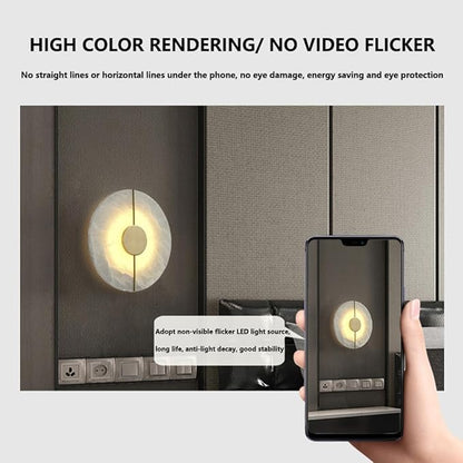 Modern Round Alabaster Natural Marble Wall Light,3000K Warm Light 7W Energy Saving Wall Sconce,Metal Base Wall Mounted Lamp, for Living Room Bedroom Bedside Stairs Hallway (Gold)