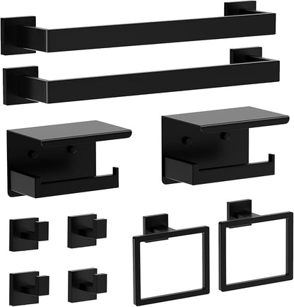 10-Piece Square Bathroom Hardware Set 24" Towel Bar X2, Toilet Paper Holders with Shelves X2, Towel Hooks X4, 2X Towel Rings X2 Bathroom Accessories (Matte Black-16inch)