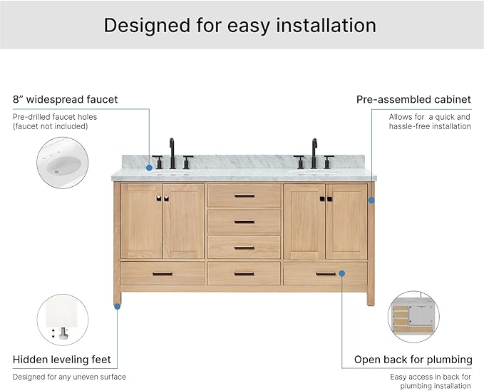 ARIEL Cambridge 72-inch Bathroom Vanity with Sink,Solid Wood, 1.5-inch Italian Carrara Marble Countertop, Double Oval Porcelain Sink, 4 Soft Closing Doors, 6 Dovetail Drawers, White Oak