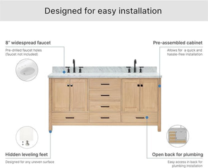 ARIEL Cambridge 72-inch Bathroom Vanity with Sink,Solid Wood, 1.5-inch Italian Carrara Marble Countertop, Double Oval Porcelain Sink, 4 Soft Closing Doors, 6 Dovetail Drawers, White Oak