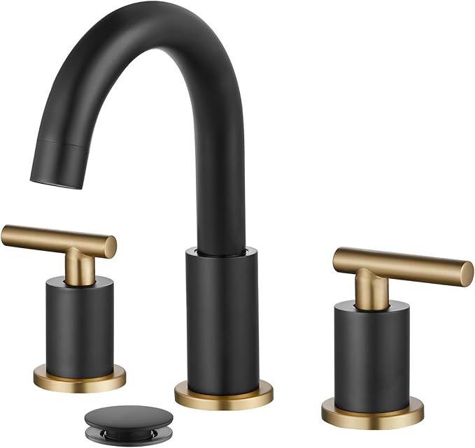 gotonovo 3 Hole 2 Handles Lavatory Basin Bathroom Sink Faucet with Pop Up Drain with Hot and Cold Mixer Valves 8 Inch Widespread Bathroom Faucet Black and Gold