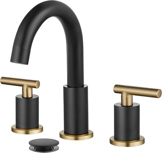 gotonovo 3 Hole 2 Handles Lavatory Basin Bathroom Sink Faucet with Pop Up Drain with Hot and Cold Mixer Valves 8 Inch Widespread Bathroom Faucet Black and Gold