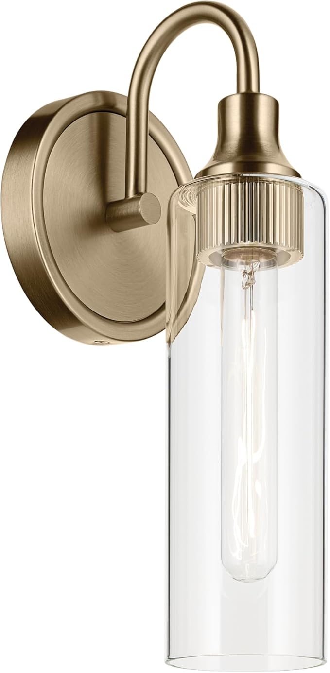 Kichler Kavi 5" 1-Light Wall Sconce with Clear Glass in Champagne Bronze, Damp Rated, for Bathroom, Powder Room, Kitchen, Hallway, Bedroom, Fireplace, (5" W x 13" H), 55209CPZ