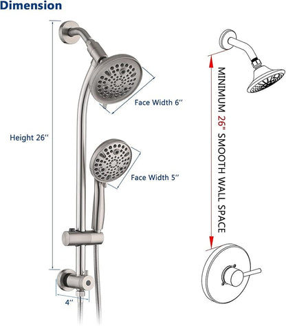 Rainfall Shower Head with Handheld Shower Spray, with 26" Drill Free Adjustable Height Slider Bar, High Pressure Dual Shower Head Combo, 3-Way Diverter for Easy Reach, 5Ft Hose-Brushed Nickel
