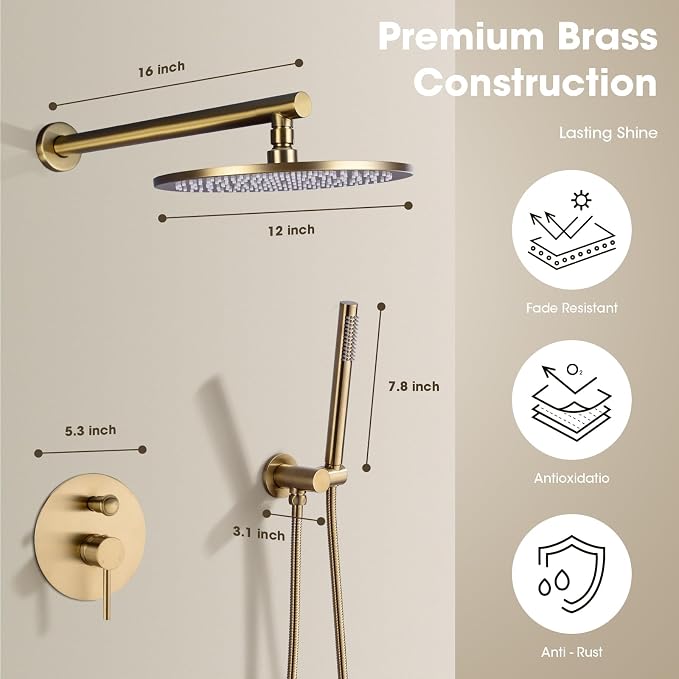 TRUSTMI 12" Pressure Balance Rain Shower System with Handheld, Brushed Gold | Rain shower faucet with cUPC valve and handheld spray. Prevents scalding, ideal for safe modern bathroom upgrades
