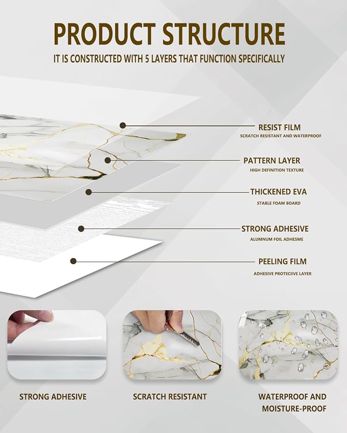 10 Sheets Marble Peel and Stick Backsplash Tile, 12"x12" Waterproof PVC Self Adhesive Tile Shower Wall Panels for Bathroom, Kitchen, Living Room (Gold White)