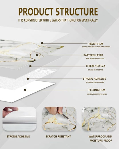 10 Sheets Marble Peel and Stick Backsplash Tile, 12"x12" Waterproof PVC Self Adhesive Tile Shower Wall Panels for Bathroom, Kitchen, Living Room (Gold White)