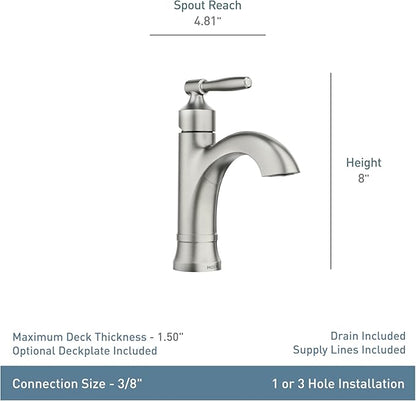 Moen Halle Spot Resist Brushed Nickel One-Handle Single Hole Bathroom Sink Faucet with Optional Deckplate, 84970SRN