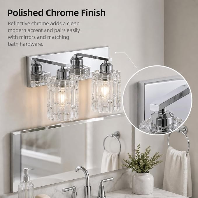 Chrome 2-Light Crystal Bathroom Vanity Light Fixture Over Mirror, Modern Bathroom Wall Light for Living Room, Bedroom, Hallway