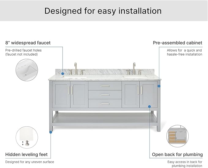 ARIEL Magnolia 72-inch Bathroom Vanity with Sink,Solid Wood, 0.75-inch Italian Carrara Marble Countertop, Double Rectangular Porcelain Sink, 4 Soft Closing Doors, 3 Dovetail Drawers, Grey