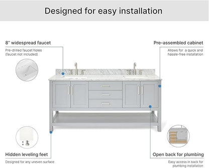 ARIEL Magnolia 72-inch Bathroom Vanity with Sink,Solid Wood, 0.75-inch Italian Carrara Marble Countertop, Double Rectangular Porcelain Sink, 4 Soft Closing Doors, 3 Dovetail Drawers, Grey