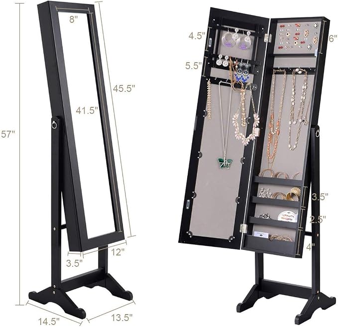 HOMGX Wood Standing Jewelry Cabinet, Jewelry Armoire with Mirror, Jewelry Organizer Storage (Black)