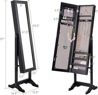 HOMGX Wood Standing Jewelry Cabinet, Jewelry Armoire with Mirror, Jewelry Organizer Storage (Black)