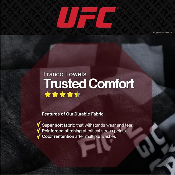 UFC Fight Night Super Soft Bath/Pool/Beach Soft Cotton Terry Hooded Towel Wrap, 24 in x 50 in, (100% Officially Licensed Product) By Franco