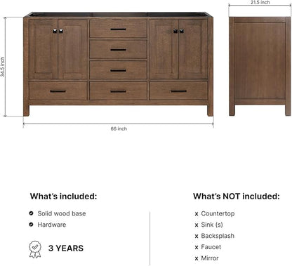 ARIEL Cambridge 66-inch Bathroom Vanity Base Cabinet,Solid Wood, 4 Soft Closing Doors, 6 Dovetail Drawers, Brown Oak
