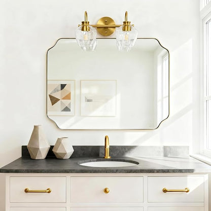Brushed Gold Vanity Light, 2 Light Bathroom Light Fixtures with Clear Diamond-Shape Hammered Glass, Brass Vintage Ripple Wall Lights for Hallway, Bedroom, Anti-Rust, E26 Base (No Bulbs)