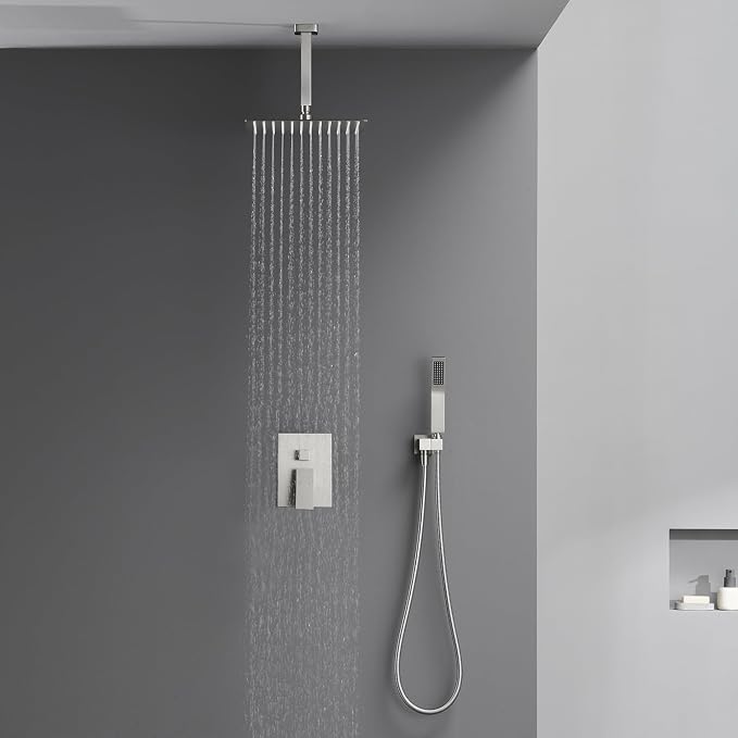 Shower System 12 Inches Rain Shower Combo Set Brushed Nickel Ceiling Mount Shower Faucet Bathroom Faucets with Rainfall Shower Head and Hand Shower