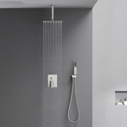 Shower System 12 Inches Rain Shower Combo Set Brushed Nickel Ceiling Mount Shower Faucet Bathroom Faucets with Rainfall Shower Head and Hand Shower
