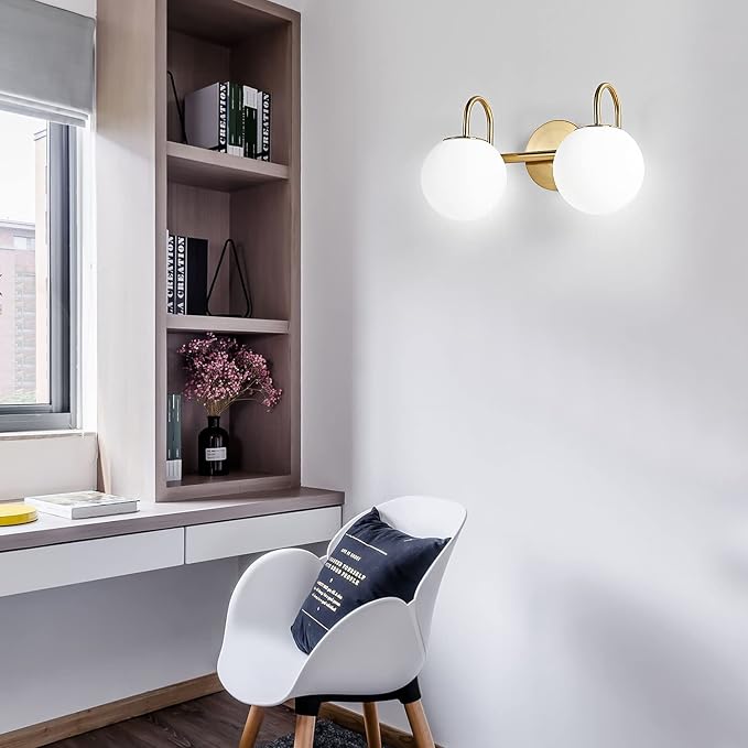 Modern Bathroom Vanity Light Fixtures 2 Lights Brushed Brass Milk White Globe Glass Shade Modern Wall Bar Sconce Lighting Bath Vanity Lights Over Mirror (Exclude G9 Bulb)