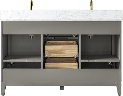Vanity Art 54" Bathroom Vanity with Double Sink & Arabescato White Engineered Stone Top, Vanity Cabinet with Soft Closing Door, Solid Wood Frame, Golden Brushed Handles, Driftwood Gray VA8154D-DG-GB