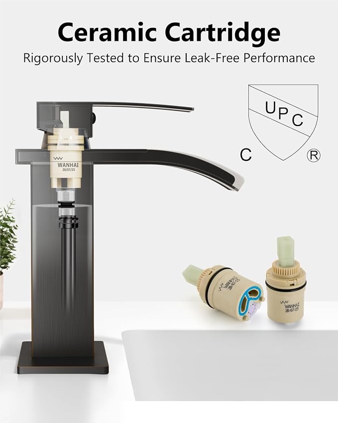 Oil Rubbed Bronze Waterfall Bathroom Faucet 1-Handle Vanity Faucet | Stainless Steel Modern Bathroom Sink Faucet,Pop-Up Drain, Supply Lines 6-in Deck Plate, 1- or 3-Hole, NSF Certified