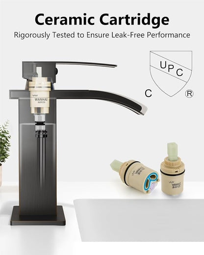 Oil Rubbed Bronze Waterfall Bathroom Faucet 1-Handle Vanity Faucet | Stainless Steel Modern Bathroom Sink Faucet,Pop-Up Drain, Supply Lines 6-in Deck Plate, 1- or 3-Hole, NSF Certified