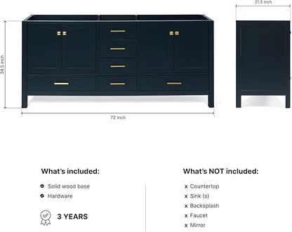 ARIEL Cambridge 72-inch Bathroom Vanity Base Cabinet,Solid Wood, 4 Soft Closing Doors, 6 Dovetail Drawers, Midnight Blue