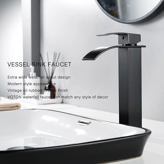 VOTON Vessel Sink Faucet Oil Rubbed Bronze Modern Tall Waterfall Bathroom Sink Faucet Single Handle Bathroom Faucet 1 Hole Bowl Lavatory Vanity Faucet, Rv Sink Camper Farmhouse Bathroom Faucet