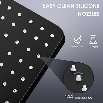 12 inch Matte Black Rain Shower Head - All Metal 304 Stainless Steel, Full Body Rainfall Shower with 144 Silicone Nozzles - Square Showerheads Ceiling or Wall Mount Modern Bathroom