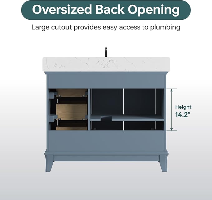 42 Inch Bathroom Vanity with Sink, Fully Assembled Solid Wood Frame Bathroom Vanities with 2 Soft Closing Doors, 3 Full Extension Dovetail Drawers, Quartz Top, Steel Blue