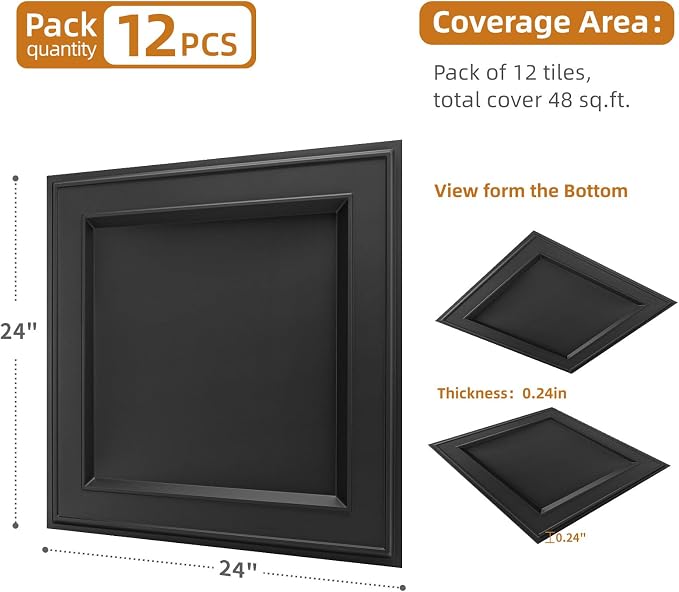 WOWSTAR 12-Pack 24"x24" Drop Ceiling Tiles, Waterproof Glue up Ceiling Panels, Modern Style 3D Wall Panels, Black | PVC ceiling panels, 24"x24", waterproof, glue-up install, basement kitchen bathroom, 12-pack, set D